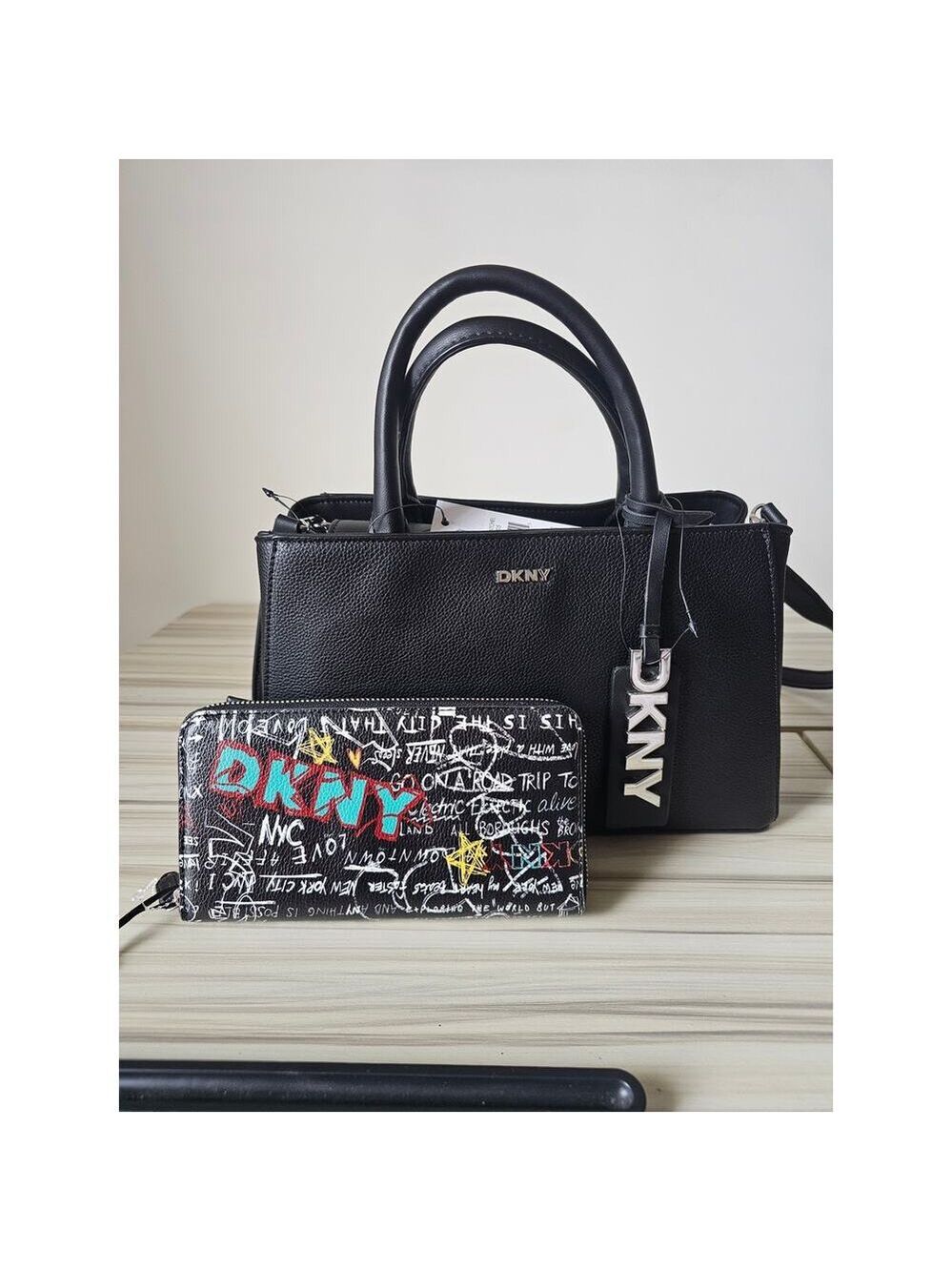 DKNY Black Satchel/Crossbody Bag with Wallet Set